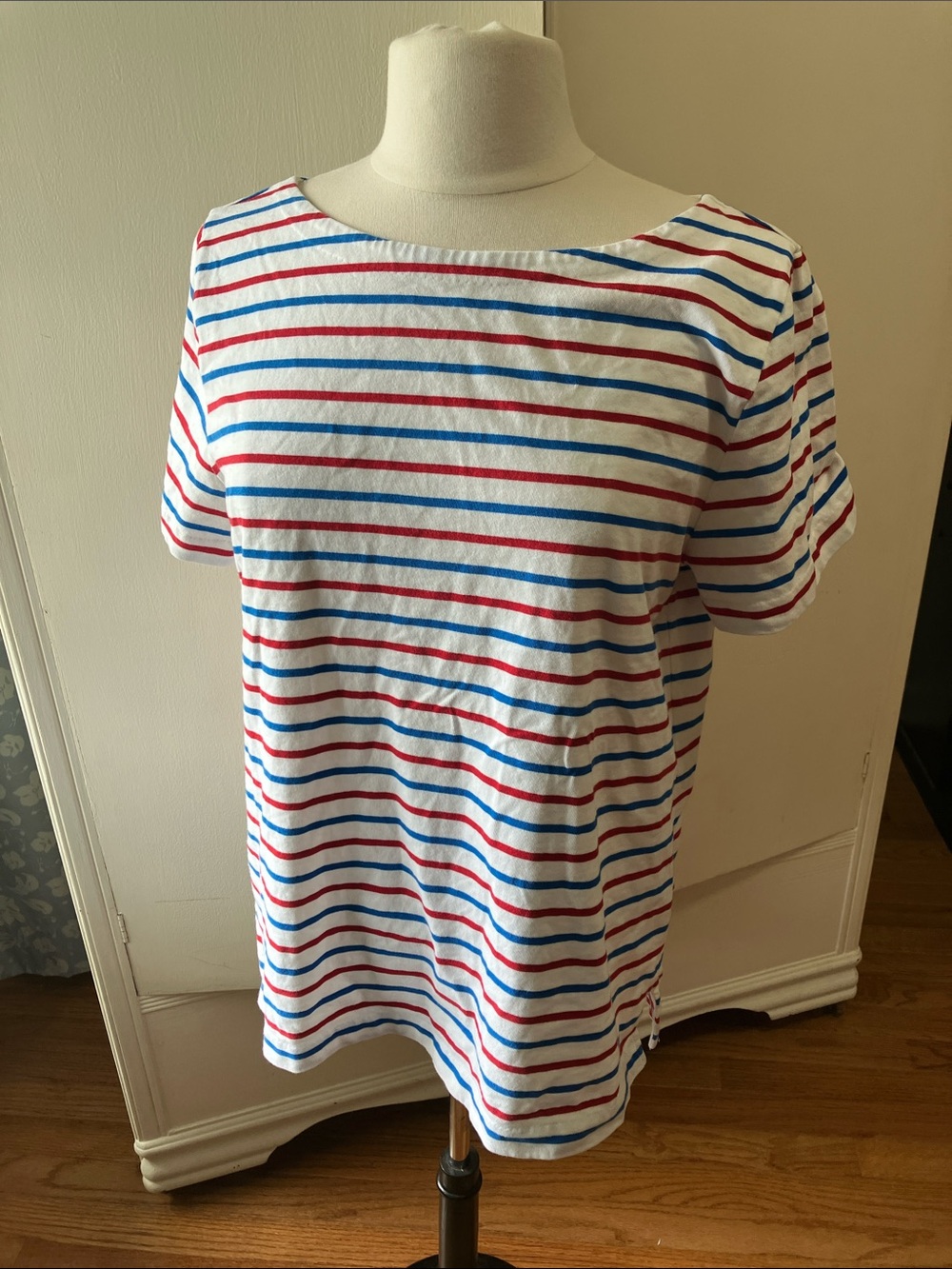 J. Crew White Short-Sleeve Tee with Red & Blue Stripes